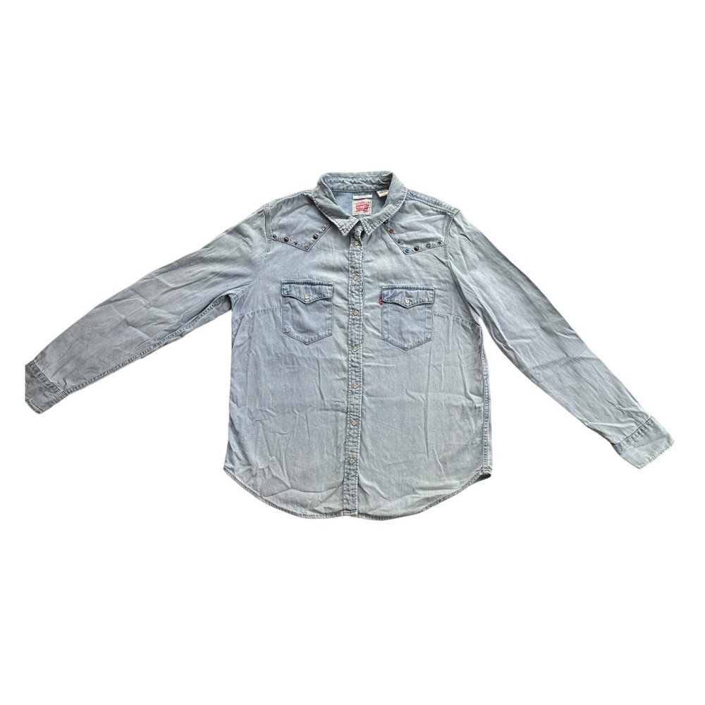 Levi's Denim Western Shirt Women Large Light Blue Excellent Studded Rhinestone